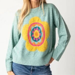 NATURAL LIFE Teal Sweater with Yellow Floral Design